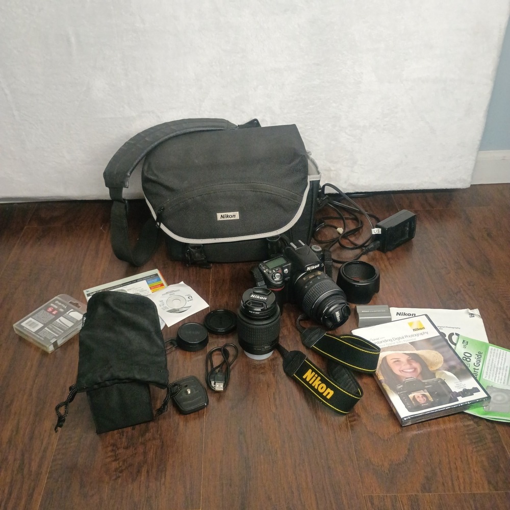 Nikon D80 10.2MP Digital SLR Camera Bundle 18-55mm VR 55-200mm ED 32GB Card Case